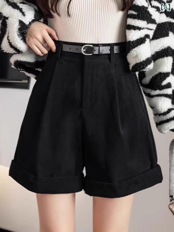 ショートパンツ レディース 秋冬 コーデュロイ ハイウエスト Aライン 脚長効果 綿混 ストレッチ ワイドレッグ 膝上丈 ポケット付き カジュアル 韓国風 デイリーユース お出かけ レトロ イージーケア