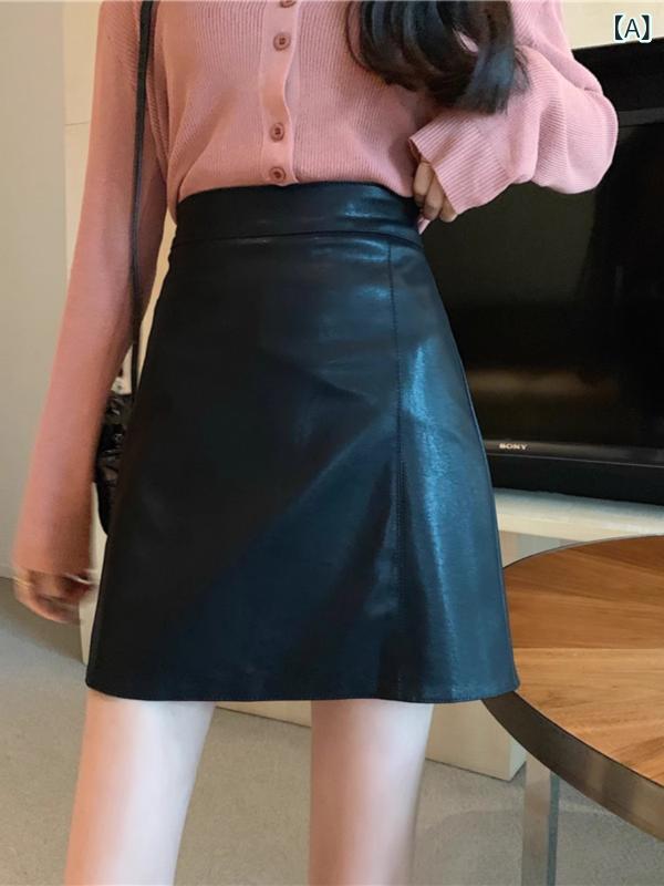 スカート レディース 秋冬 PUレザー ミニ丈 ハイウエスト Aライン 着痩せ 韓国風 カジュアル 微ストレッチ しわになりにくい ボトムス