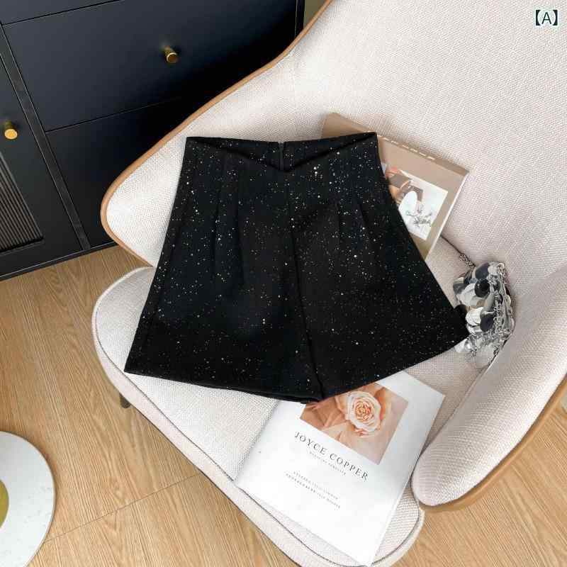 ショートパンツ レディース ハイウエスト ワイドレッグ ウール調 ダブルプリーツ 脚長効果 冬 キュロット 綿ポリ 中厚手 微ストレッチ イージーケア 上品 きれいめ 通勤 オフィス