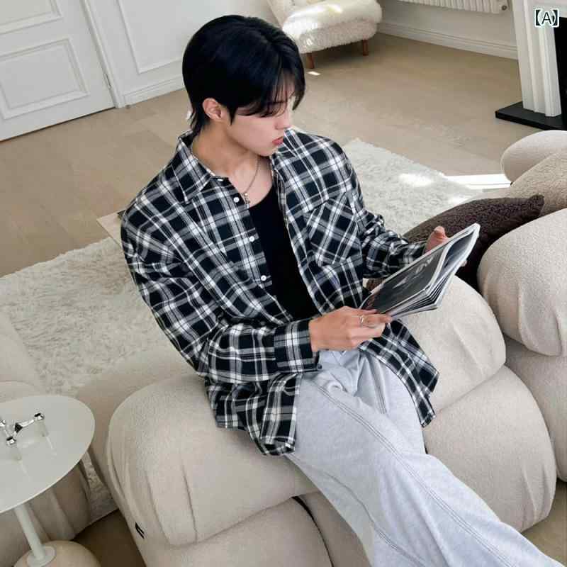 シャツ メンズ 男性用 長袖 ビッグシルエット ルーズフィット オープンカラー 襟付き チェック柄 格子柄 モノトーン 白黒 レトロ ヴィンテージ カジュアル 普段使い 韓流 韓国風 トレンド 耐久性 ポリエステル 春秋