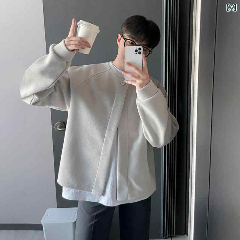 乐天商城 - ジャケット メンズ 男性用 秋冬 韓国風 カジュアル ルーズ ビッグシルエット ショート丈 開襟 フードなし 厚手 コットン メルトン調 無地 グレー ブラック 普段使い デイリーユース 個性的デザイン
