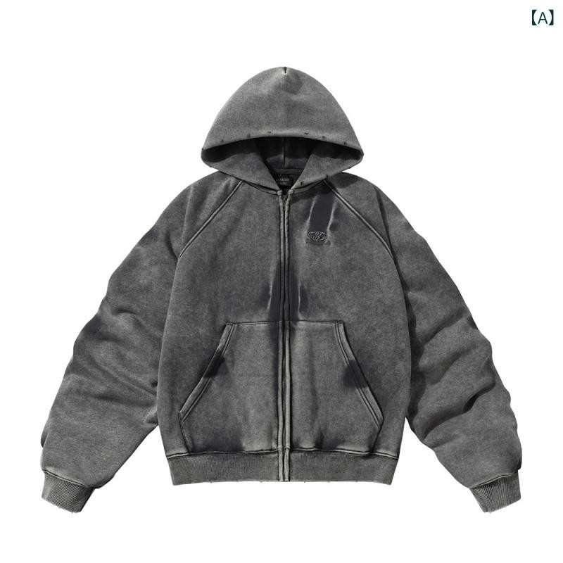 パーカー メンズ ウォッシュ加工 ダメージ加工 シワ加工 パンクデザイン ジップアップ 裏起毛 綿混 ヘビーウェイト ビッグシルエット ゆったり カジュアル ストリートファッション アウター 秋冬