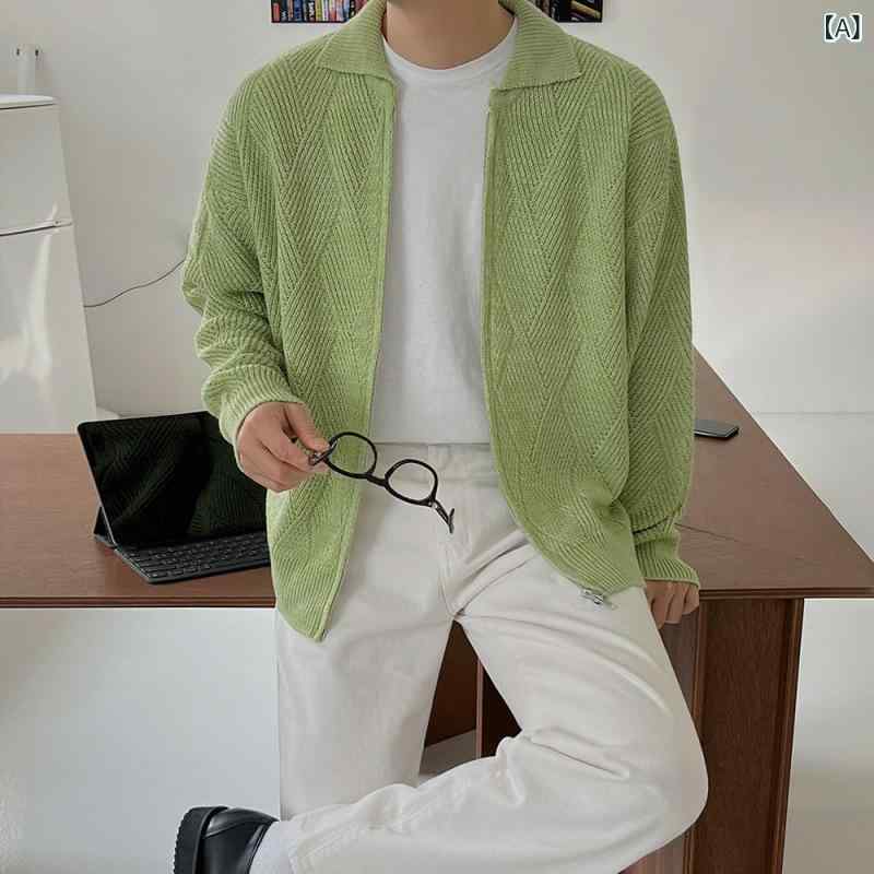 ・カテゴリ: ニット・スタイル: カーディガン・フィット: ゆったり・ネックライン: 襟付き・袖丈: 長袖・厚さ: 標準・: リブ裾・テイスト: 韓国・主な素材: アクリル・対象性別: 男性・対象年齢: 成人・対象: プラスサイズ向け・カラー展開: グリーン、ブルー・サイズ展開: M、L、XL、XXL