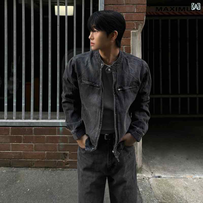 ジャケット メンズ ショート丈 デニムジャケット スタンドカラー ウォッシュ加工 ルーズフィット ワイルド 韓国風 トレンド 高級感 コットン 綿混 春秋アウター カジュアル ブラック