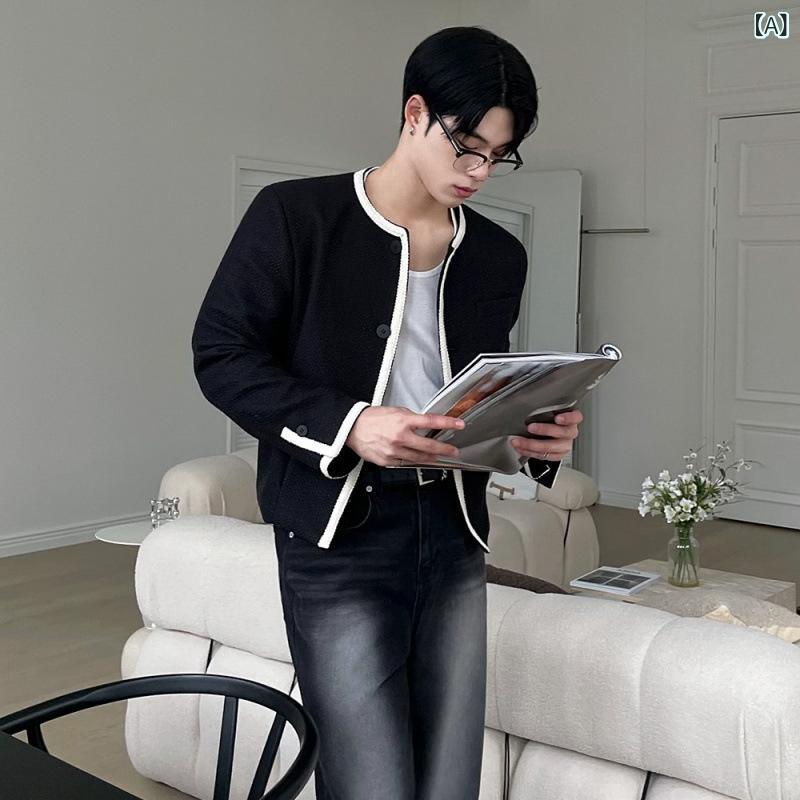 ジャケット メンズ バイカラー ショート丈 クルーネック 秋冬 ゆったり オーバーサイズ 韓国ファッション トレンド 肩パッド入り アウター カジュアル 普段使い ポリエステル シワになりにくい シングルボタン 長袖 ブラック