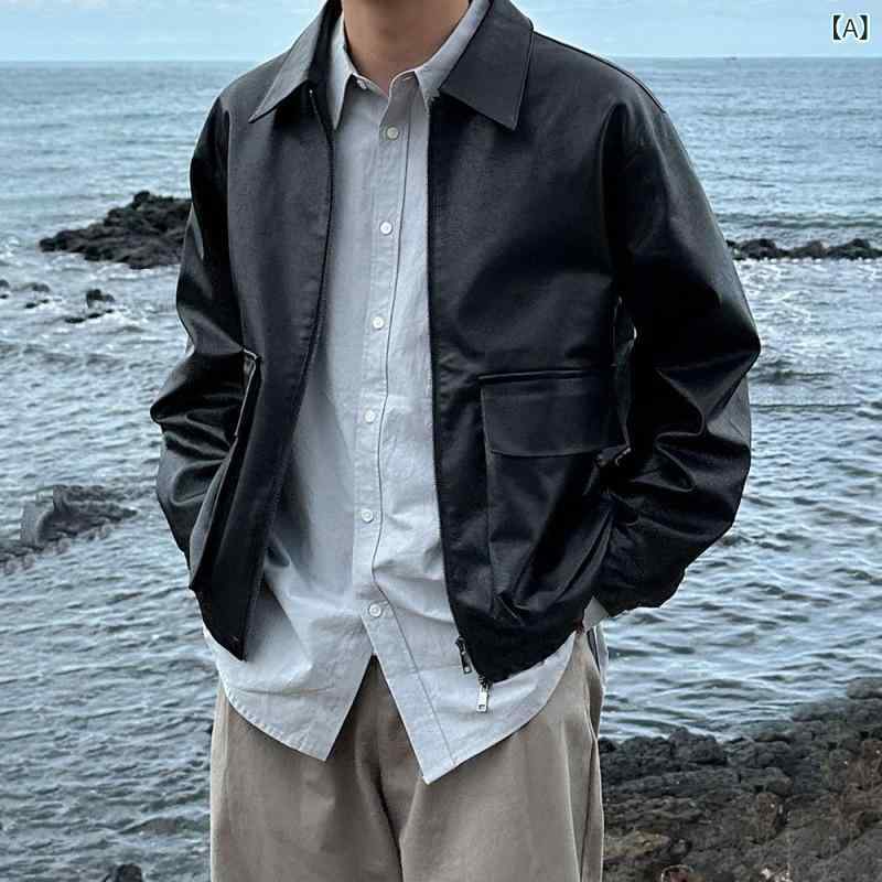 レザージャケット メンズ 男性用 PUレザー フェイクレザー 高級感 ヴィンテージ加工 テーラード襟 春夏 韓国風 トレンド ルーズフィット ライダース バイカー ブラック 普段使い カジュアル(4.0)
