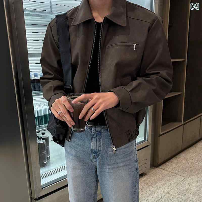 ジャケット メンズ アメリカン レトロ ライダースジャケット ショート丈 ルーズフィット PUレザー 革ジャン 襟付き 韓国風 ストリート系 カジュアル 秋アウター ブラウン