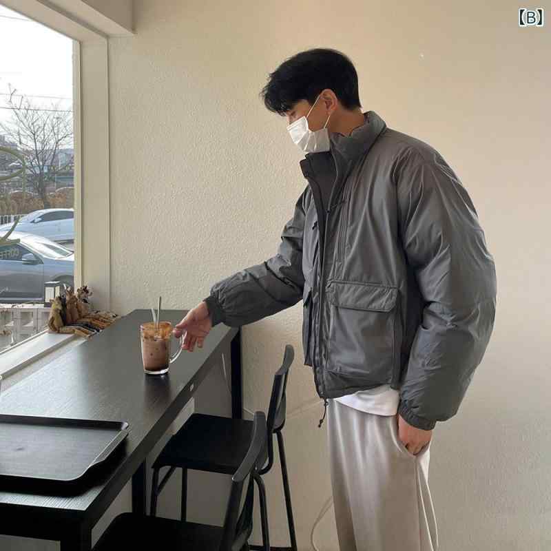 中綿ジャケット メンズ 男性用 日系 ワークテイスト 韓国風 スタンドカラー ゆったり ルーズフィット 防寒 保温 厚手 ジップアップ ポリエステル中綿 ブルゾン アウター 黒 グレー 冬