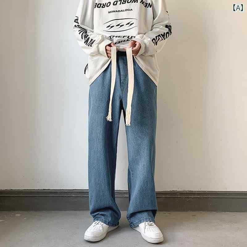 デニムパンツ メンズ 男性用 ドローストリング ワイド ストレート ルーズフィット ゆったりシルエット ..
