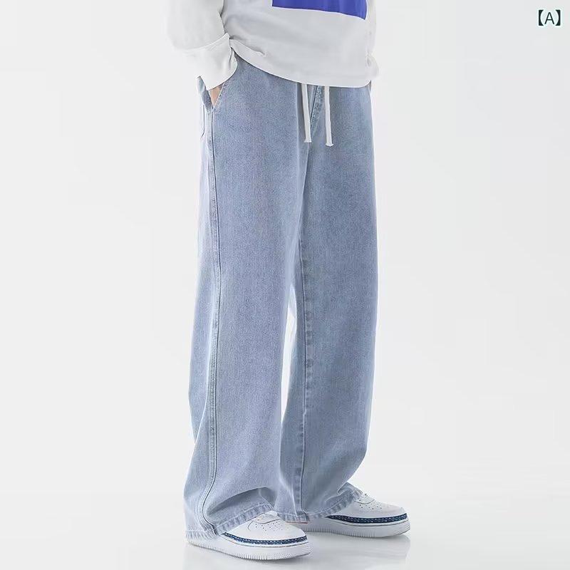 デニムパンツ メンズ アメカジ ストリート ダメージ ウォッシュ加工 ユーズド風 秋冬 ウエストゴム イージー ドロスト ストレート ルーズフィット ロング丈 カジュアル 普段使い 着回し(4.0)