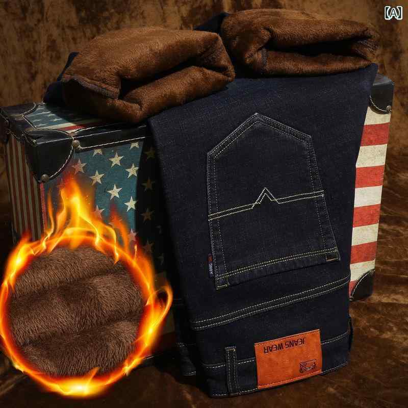 ・カテゴリ: デニムパンツ・スタイル: 通勤・対象年齢層: 24〜35歳・性別: 男性・シルエット: ストレート・パンツ丈: フルレングス・ウエスト: ミドルライズ・開閉: ジッパーフライ・厚さ: 裏起毛・素材: デニム（綿50%以上）・着用シーン: デイリー・加工: 刺繡、ウォッシュ加工・ディテール: ワッペン・伸縮性: ややあり・カラー展開: ブラック、ブルー・サイズ展開: 28、29、30、31、32、33、34、36、38、40