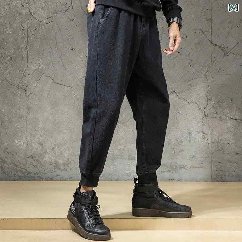 樂天商城 - デニムパンツ メンズ 裏起毛 厚手 ジョガーパンツ ゆったり テーパード サルエル アンクル丈 韓国スタイル カジュアル 普段使い ウォッシュ加工 ブラック 綿