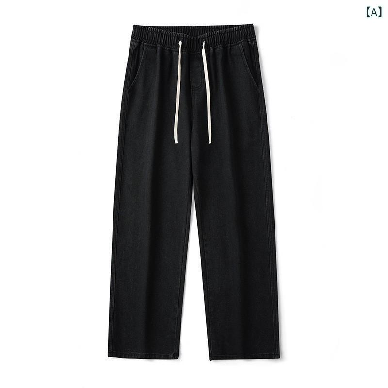 Pants - デニムパンツ メンズ ウエストゴム イージーパンツ ジーンズ ストレートシルエット ゆったり ルーズフィット 綿混 春夏 普段使い レジャー カジュアル 韓国ファッション 着回し万能 多ポケット ロング丈 長ズボン