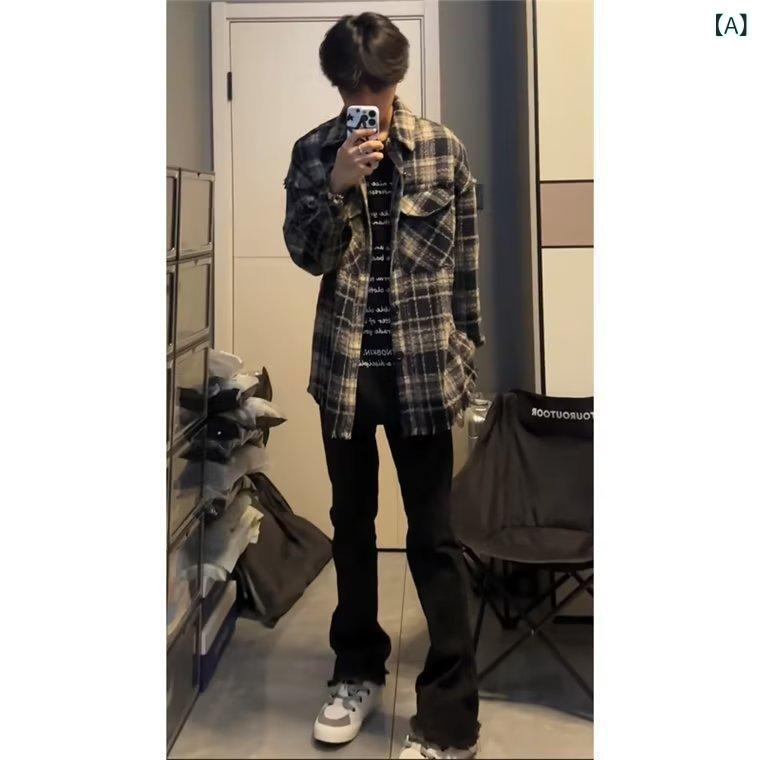 デニムパンツ メンズ フリンジ 微フレア 韓国風 スリムフィット 着痩せ効果 ワイドシルエット ロング丈 ストレッチ トレンド カジュアル 普段使い ブラック