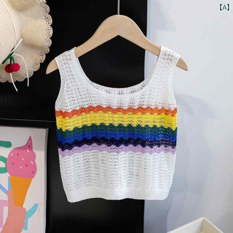 子供服 女の子 キッズ レインボー ストライプ 透かし編み メッシュ サマーニット キャミソール タンク..