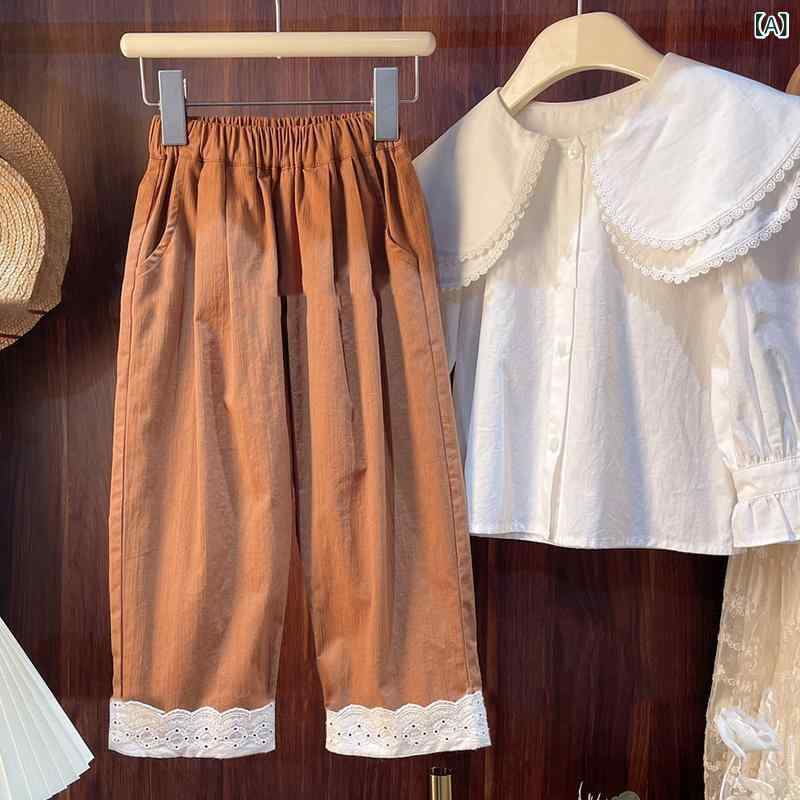 パンツ 女の子 キッズ 韓国風 春秋 おしゃれ かわいい 上品 カジュアル ストレートパンツ フリル 無地 ハイウエスト コットン 柔らかな肌触り 着回し 普段使い お出かけ