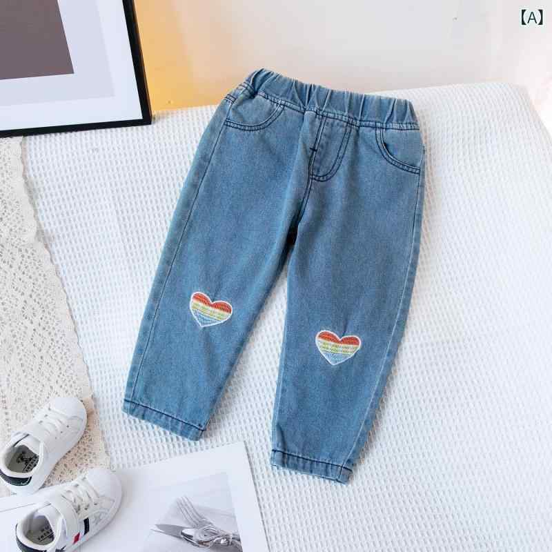 デニムパンツ 女の子 ベビー キッズ 韓国風 おしゃれ ハート刺繍 綿100% ウォッシュ加工 ブルー ロング丈 ジーンズ 長ズボン 普段使い 春秋