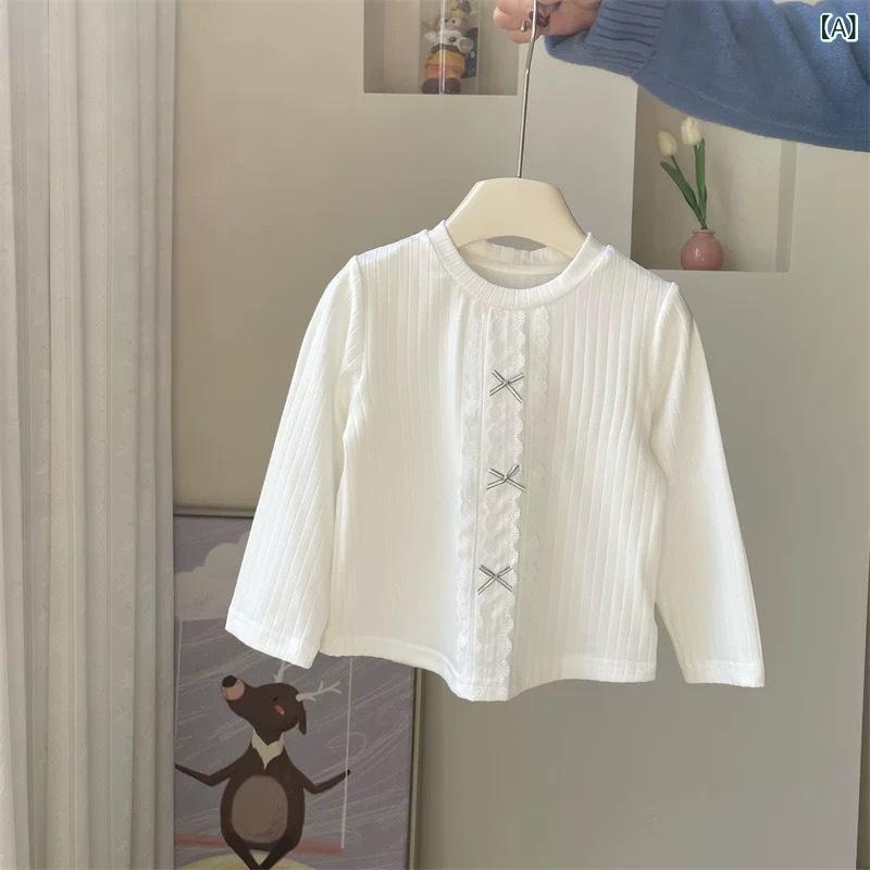 Tシャツ キッズ 女の子 ベビー 長袖 レース リボン 薄手 春秋物 綿 コットン 吸湿速乾 ラウンドネック ..