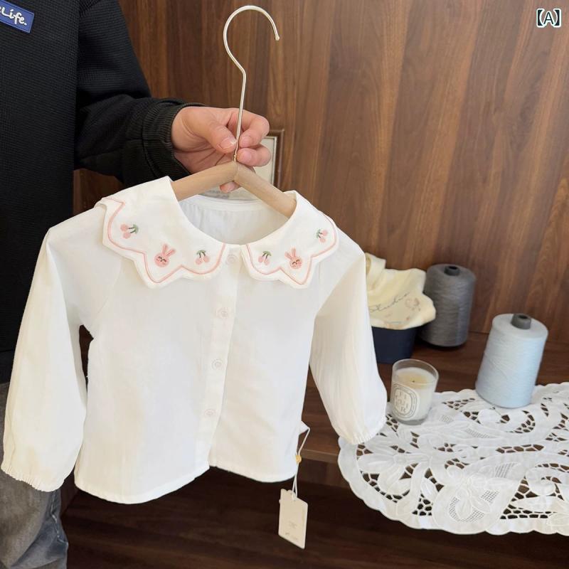 裙子 - ブラウス 女の子 ベビー キッズ かわいい 刺繍 襟付き 長袖 カートゥーン柄 白 綿100% 肌に優しい 柔らかな着心地 韓国風 普段使い お出かけ 春秋