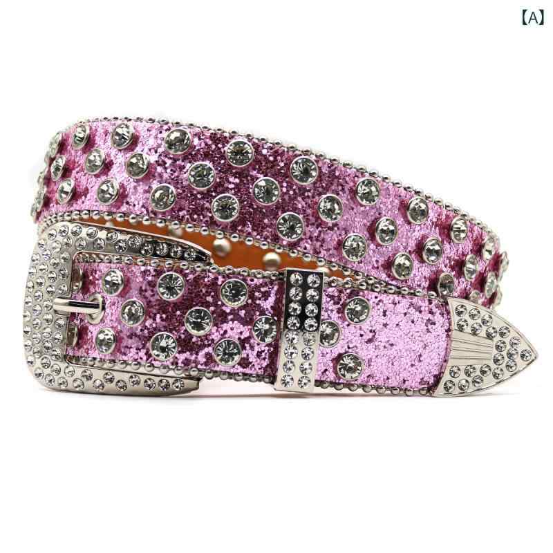 ベルト レディース ラインストーン 幅広 PUレザー パンク ストリート ヒップホップ 個性的なデザイン チェーン ピンバックル ハンドメイド カジュアル デイリーユース 派手