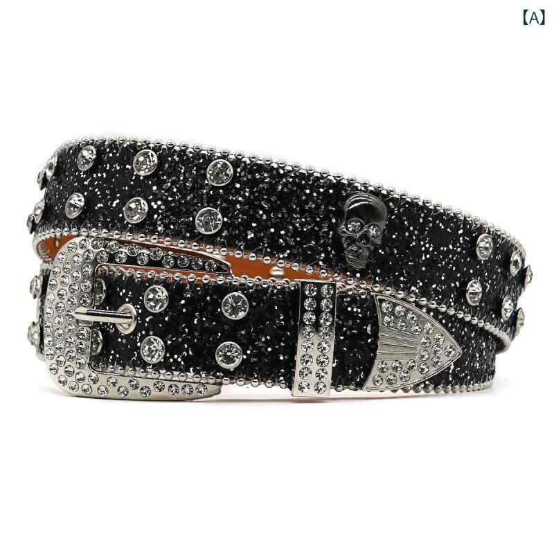 ベルト メンズ 男性用 PUレザー ラインストーン スカル ドクロ チェーン ピンバックル 煌めく キラキラ..