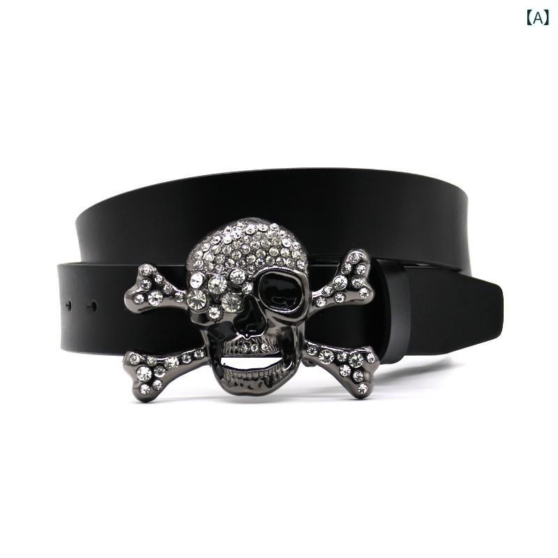 ベルト ラインストーン 大きい スカル ドクロ 本革 牛革スプリットレザー 合金ピンバックル ヒップホッ..