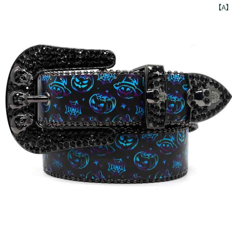 ベルト 男女兼用 ハロウィン パンプキン スカル プリント ラインストーン PUレザー パンク ストリート 個性的 ファッション小物 アシンメトリー チェーン ホワイト 高級感