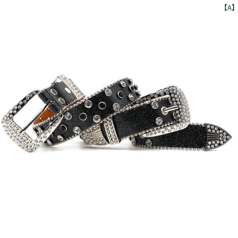 ベルト レディース 幅広 ダブルバックル ラインストーン PUレザー パンク ストリート 個性派 おしゃれ ..