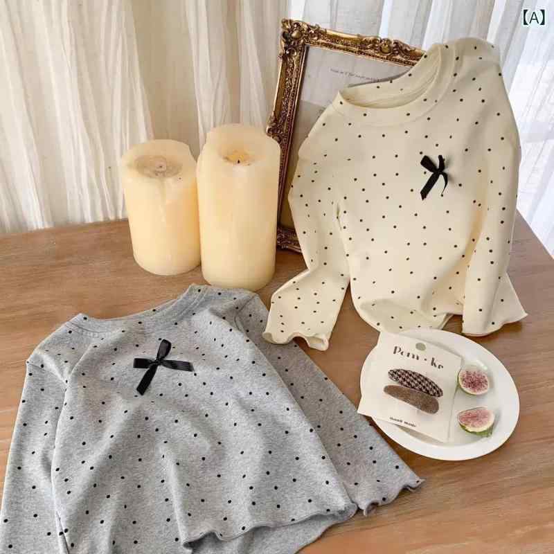 Tシャツ キッズ 女の子 ベビー 子供服 長袖 トップス クルーネック 綿 ドット柄 水玉模様 快適 ストレッチ 伸縮性 柔らか カジュアル 着回し 春秋 インナー 保温