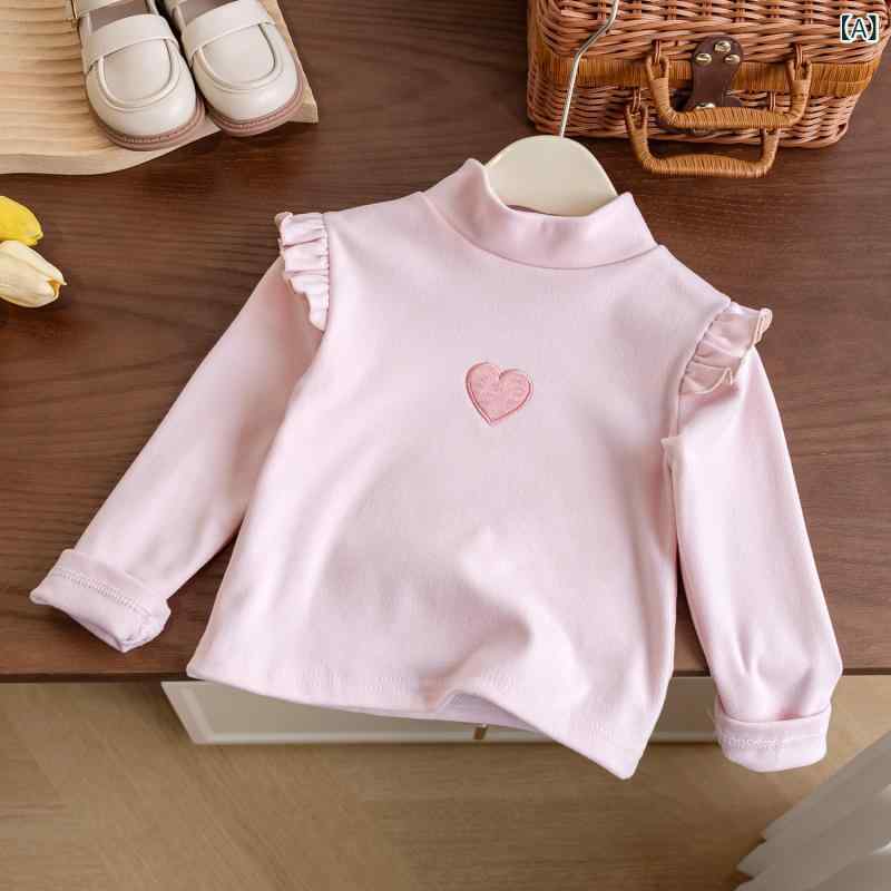 カットソー キッズ 女の子 ベビー ハート柄 プリント デルロン 保温 裏起毛 シンプル ハイネック 柔ら..