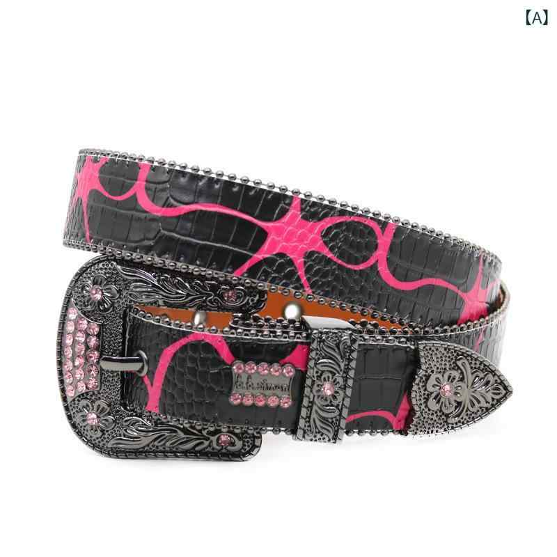 ベルト メンズ レディース ラインストーン 太め PUレザー プリント柄 シンプル 個性的 パンク ストリー..