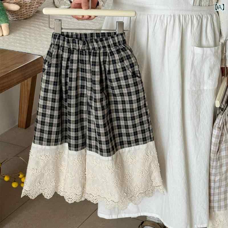 キッズ 女の子 パンツ 韓国風 レトロ 切り替え チェック柄 レース ゆったり ロング丈 綿 柔らかい ウォ..