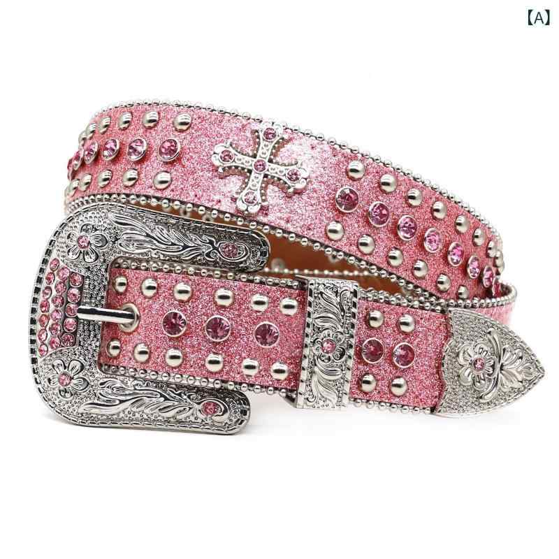 ベルト レディース 女性用 ラインストーン ビジュー装飾 細身 スリム PUレザー デニム ジーンズ パンツ..