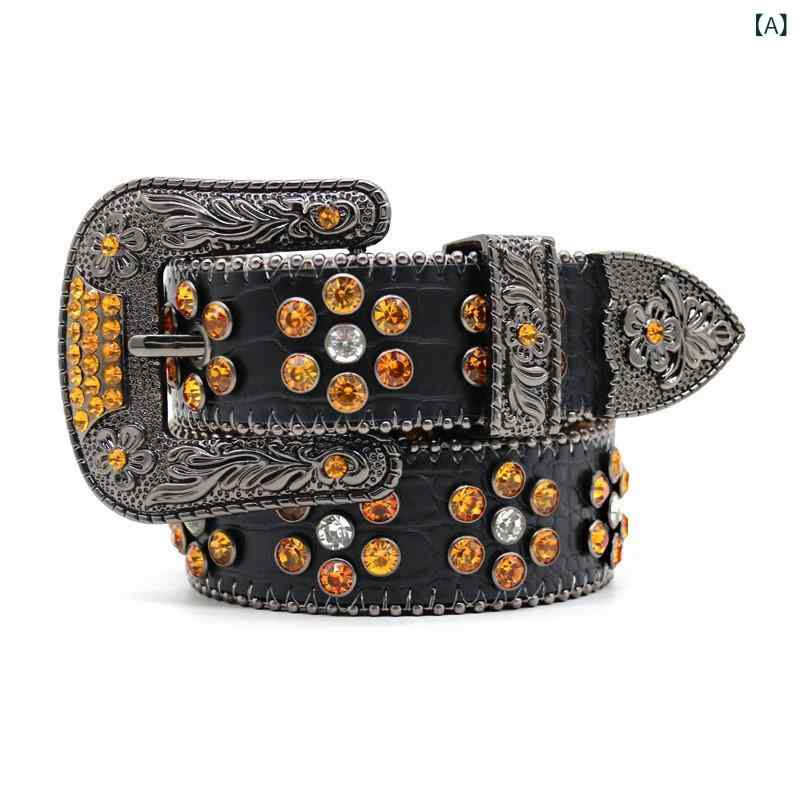 ベルト 男女兼用 PUレザー ラインストーン 合金ピンバックル フラワーバックル 高級感 ヒップホップ パ..