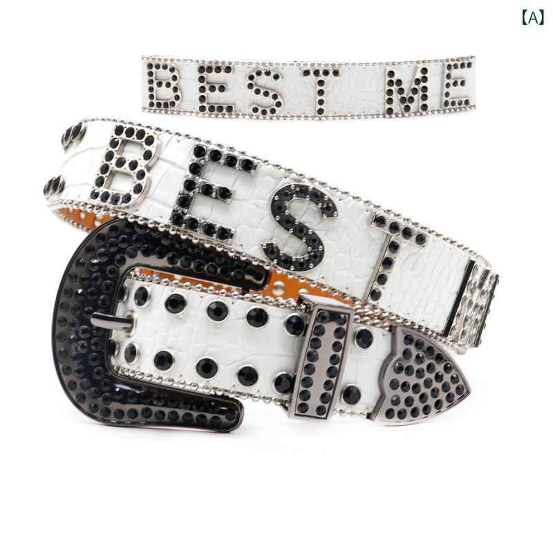 ベルト メンズ 男性用 パンク ストリート ヒップホップ PUレザー アルファベット ラインストーン ピン..