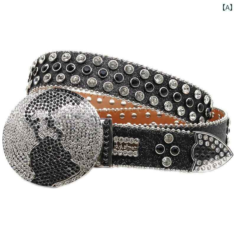 ベルト メンズ レディース PUレザー ラインストーン装飾 地球モチーフバックル フルラインストーン 幅..