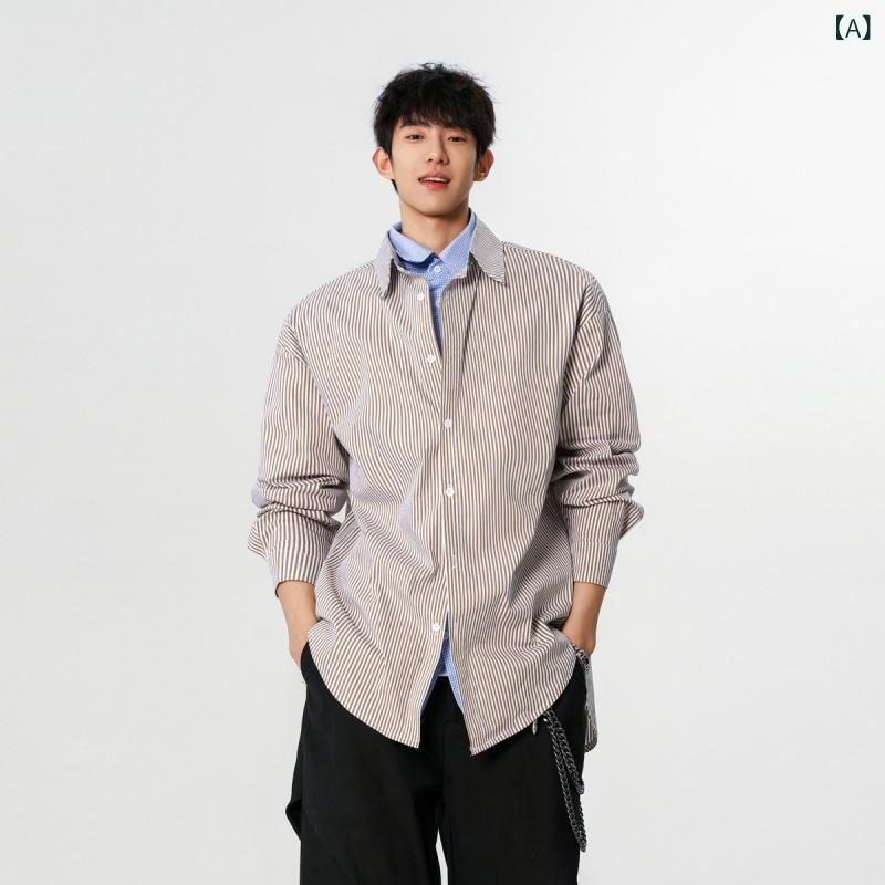 ・カテゴリ: シャツ・性別: 男性・スタイル: 青春カジュアル・対象: 青少年・主な素材: 綿混紡 95%・ネックライン: ダブルカラー・袖丈: 長袖・柄: ストライプ・厚さ: 普通・フィット: ルーズフィット・加工: ノーアイロン加工・カ...