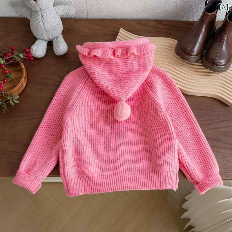 カーディガン 女の子 キッズ フード付き ウール ニット 無地 シングルボタン 長袖 秋冬 ピンク ソフトタッチ カジュアル デイリー 羽織り(4.0)