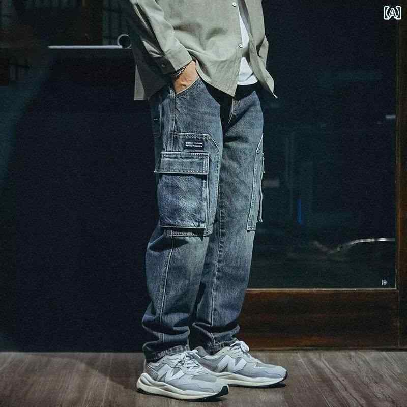 デニムパンツ メンズ ジーンズ ウォッシュ加工 ダメージ加工 ユーズド加工 レトロ ヴィンテージ ルーズ ゆったり ストレート ミドルウエスト ジップフライ ストレッチ 伸縮性 カジュアル ブルー(4.0)