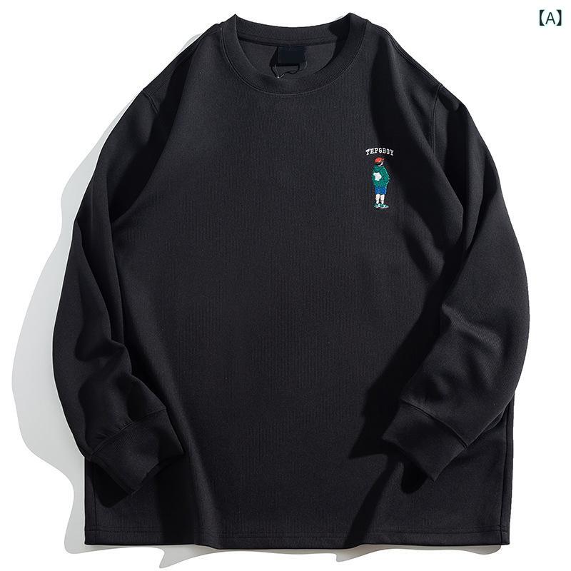 樂天商城 - Tシャツ メンズ 男性用 オールシーズン 綿 コットン 長袖 クルーネック 丸首 ゆったり ルーズ ビッグシルエット 大きいサイズ プラスサイズ 刺繍 薄手 通気性 抗菌 レトロ カジュアル 普段使い インナー カットソー 白 黒