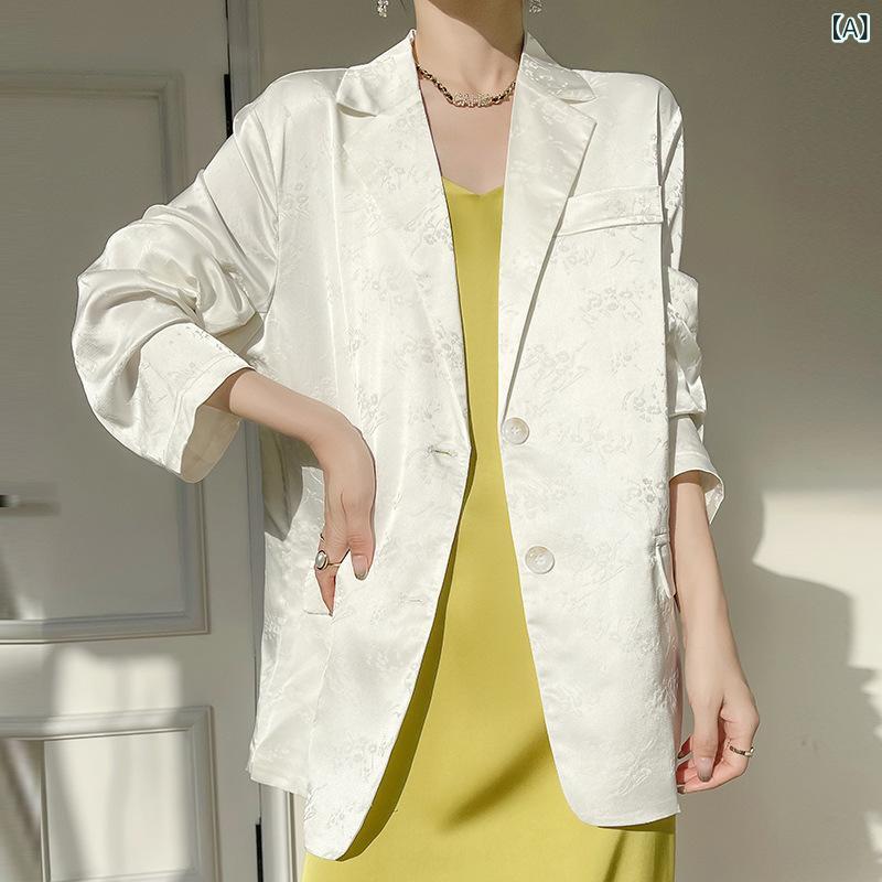 テーラードジャケット レディース 春秋 テーラードカラー ミドル丈 2つボタン ジャガード織り デザイン オフィス 通勤 きれいめ 上品 普段使い ポリエステル 羽織り 白 ピンク 紫 黒