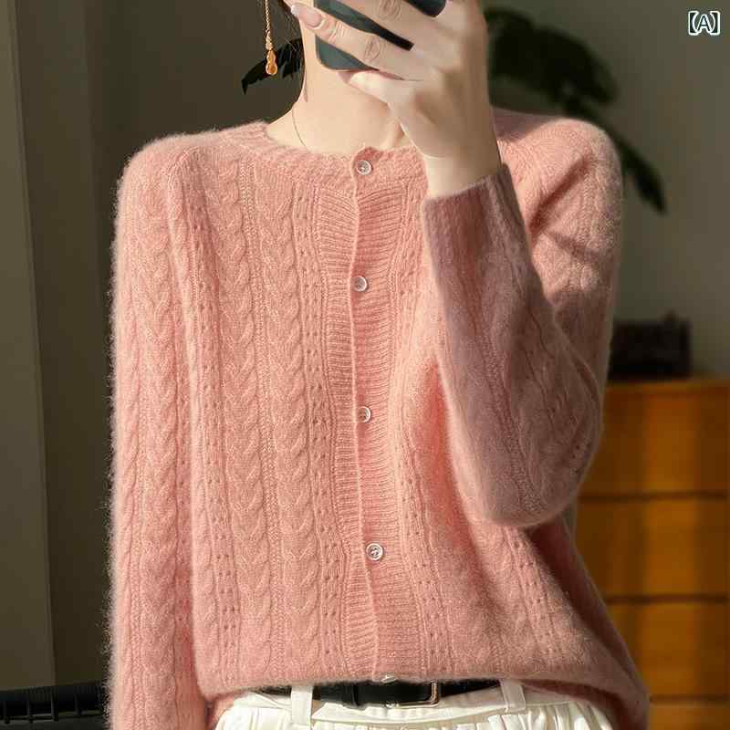 Three-Quarter Knit - カーディガン レディース 秋冬 ウール 透かし編み ケーブル編み ニットトップス ラウンドネック クルーネック ゆったり リラックスフィット ショート丈 薄手 長袖 大人かわいい 上品 カジュアル