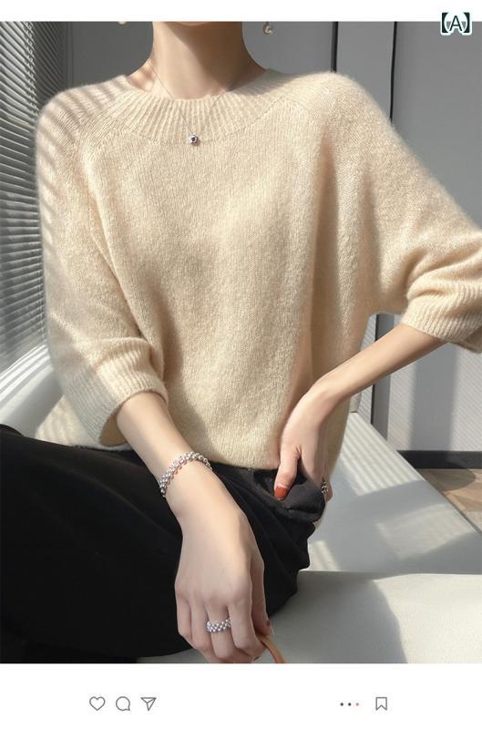 Long-Sleeved Knit - ニット レディース シルク カシミヤ モックネック ハイネック 薄手 七分袖 ゆったり ルーズフィット シンプル トップス オフィス カジュアル 通勤 きれいめ 春夏