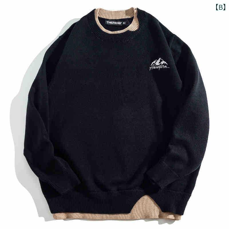 ニット メンズ 大きいサイズ フェイクレイヤード 重ね着風 セーター クルーネック 長袖 ゆったり ルーズフィット 切り替え 配色 刺繍 カジュアル 普段使い ポリエステル混紡 秋冬 トップス