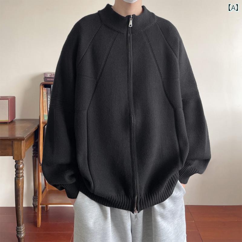 Jumper, Blouson - ニットカーディガン ユニセックス 厚手 ヘビーウェイト ゆったり オーバーサイズ スタンドカラー ジップアップ 長袖 アメカジ ポリエステル混紡 ストレッチ 洗濯機洗い可能 秋冬 デイリー カジュアル ブラック グレー