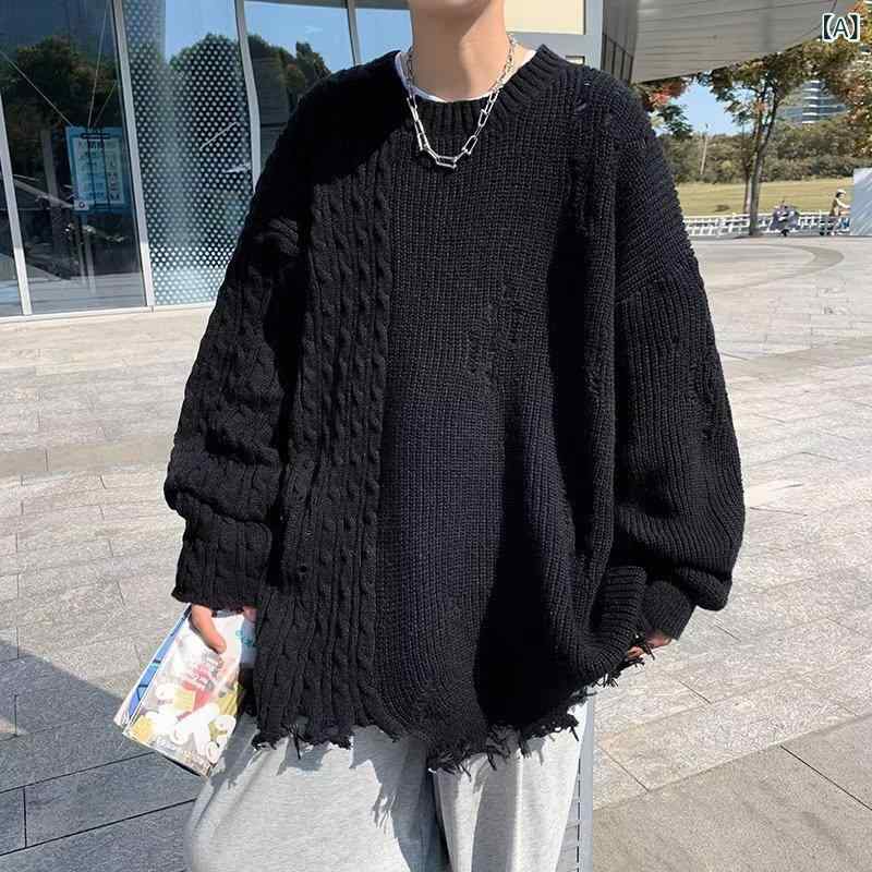 ニット メンズ アメカジ ハイストリート ストリート カジュアル ダメージ加工 無地 ケーブル編み クルーネック プルオーバー ゆったり ..