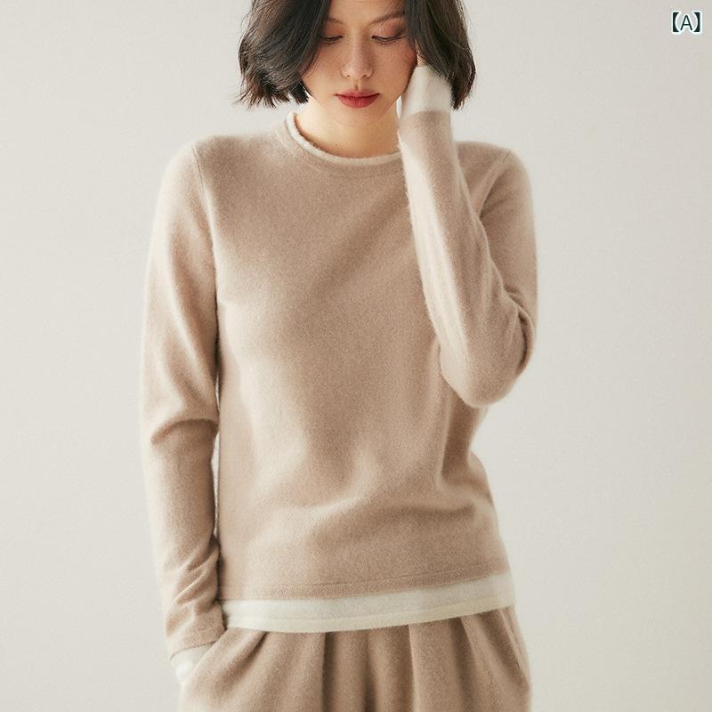 樂天商城 - ニット レディース 秋冬 カシミヤ 切り替え バイカラー クルーネック 丸首 ゆったり プルオーバー 厚手 韓国ファッション 上品 エレガント セーター トップス 通勤 オフィス 普段使い