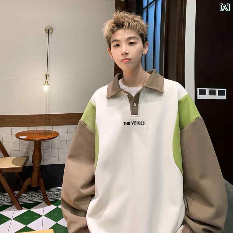 スウェット トップス メンズ 男性用 切り替え バイカラー ポロ襟 ゆったり オーバーサイズ プルオーバー 長袖 ロゴ刺繍 ポリエステル ..