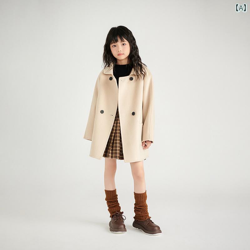 Three-Quarter Knit - コート キッズ 男の子 女の子 ダブルフェイス ウール100% 厚手 ダブルボタン テーラードカラー ミドル丈 カジュアル 秋冬 普段使い 防寒