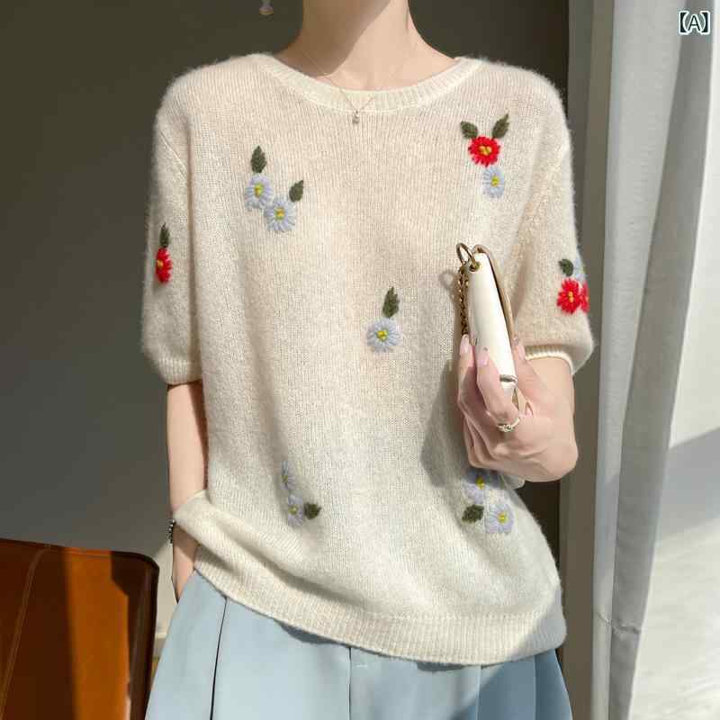 ニット レディース カシミヤ シルク 秋冬 半袖 刺繍 ジャガード ゆったり ルーズフィット ラウンドネック 丸首 トップス エレガント 上品 高級感 デイリー 普段使い 通勤 オフホワイト サクラピンク 薄手